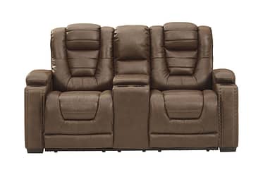 Owner’s Box Brown Power Reclining Loveseat With Console
