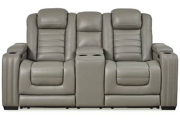 Backtrack Gray Leather Power Reclining Loveseat With Console And USB