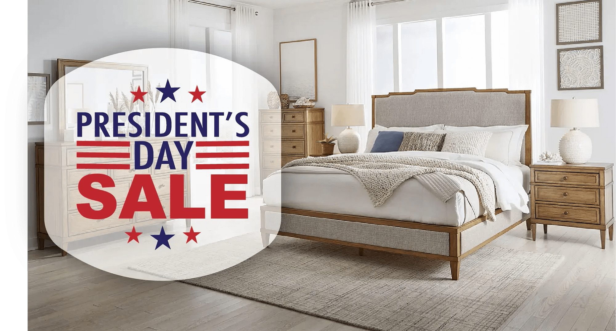 President's Day Sale at Georgia Furniture Mart featuring a modern upholstered bed with wooden frame, matching nightstands, and dresser in a bright bedroom.