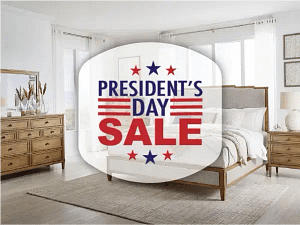 President's Day Sale at Georgia Furniture Mart with an elegant upholstered bed, wooden nightstands, and a modern bedroom design.
