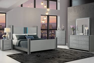Logan Silver Queen 5 Piece Bedroom Set With LED And Speakers