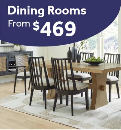 Galliden 7-piece dining set with a wooden table and six upholstered chairs in a bright dining room.