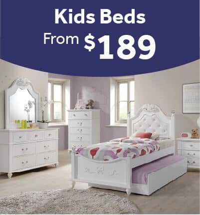 Alana youth bedroom set featuring a white twin bed, dresser, and nightstand in a cozy children's room.
