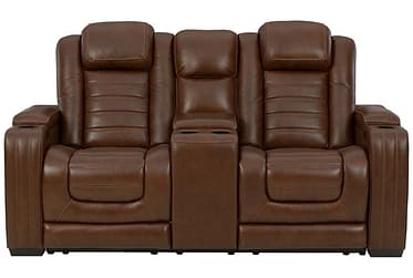Backtrack Chocolate Leather Power Reclining Loveseat With Console & USB