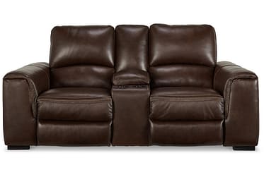 Alessandro Walnut Leather Power Reclining Loveseat With Console