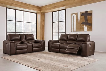 Alessandro Walnut Leather 2 Piece Power Reclining Sofa & Loveseat Set